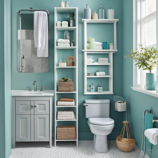 A tidy bathroom with a wall-mounted, tiered shelving unit, a pedestal sink with a built-in storage cabinet, and a hanging shower caddy with suction cups, all in a calming, spa-like color scheme.