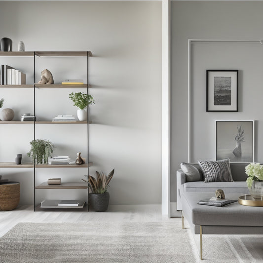 A serene, minimalist living room with a sleek, floor-to-ceiling shelving unit, organized book spines, a tidy desk, and a few, carefully-placed decorative objects, surrounded by plenty of negative space.