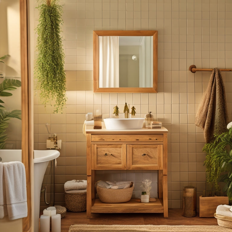 A serene bathroom interior with warm, honey-toned wooden shelving units, adorned with lush greenery, candles, and plush towels, surrounded by soft, creamy walls and a freestanding tub.