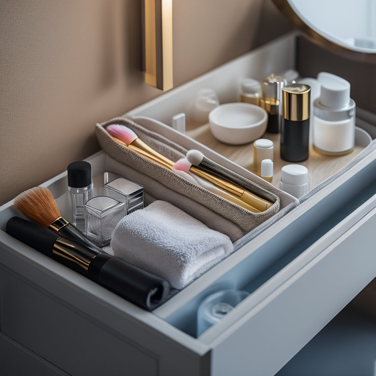 A sleek modern bathroom drawer filled with stylish organizers, featuring elegant dividers holding neatly arranged toiletries, makeup brushes, and skincare products, surrounded by soft lighting and contemporary decor.