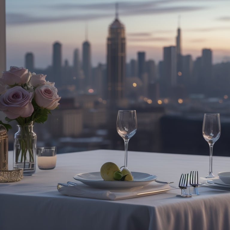 A serene background with a small, elegant table set for one, adorned with fine china, a delicate vase, and a single, long-stemmed rose, amidst a subtle cityscape at dusk.