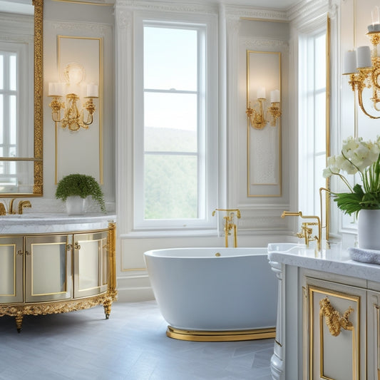 A serene bathroom scene featuring a freestanding tub, ornate mirror, and elegant lighting, with a focus on a stunning white quartz countertop with subtle marble veining and ornate gold fixtures.