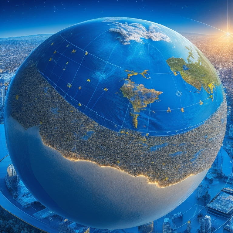 An image depicting a globe with Ukraine highlighted in blue, surrounded by tiny icons of buildings, people, and aid packages, with a subtle background of interconnected lines and nodes.