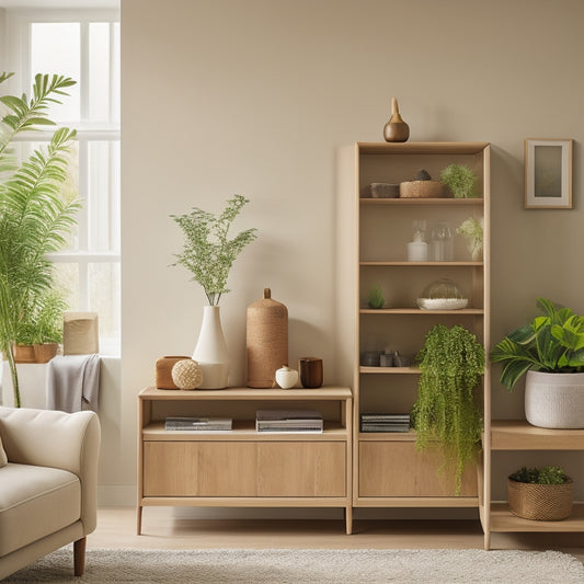 A serene, minimalist living room with cream-colored walls, featuring three wall-mounted cabinet shelves in a natural wood tone, holding a few, neatly arranged decorative items and plants.