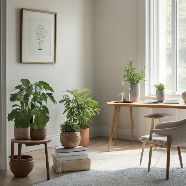 A serene, minimalist living room with a sleek, wooden desk in the center, surrounded by neatly organized planners, pens, and a few potted plants, against a soft, creamy background.