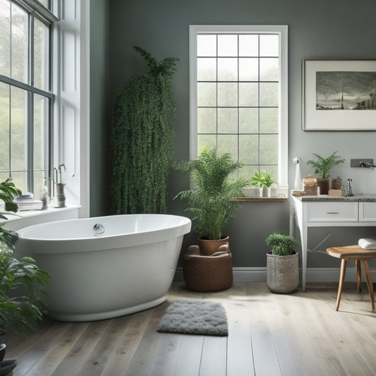 A serene bathroom scene: A sleek, white, freestanding tub sits atop polished, dark wood flooring, surrounded by freshly painted, soft gray walls and a few strategically placed, lush green plants.