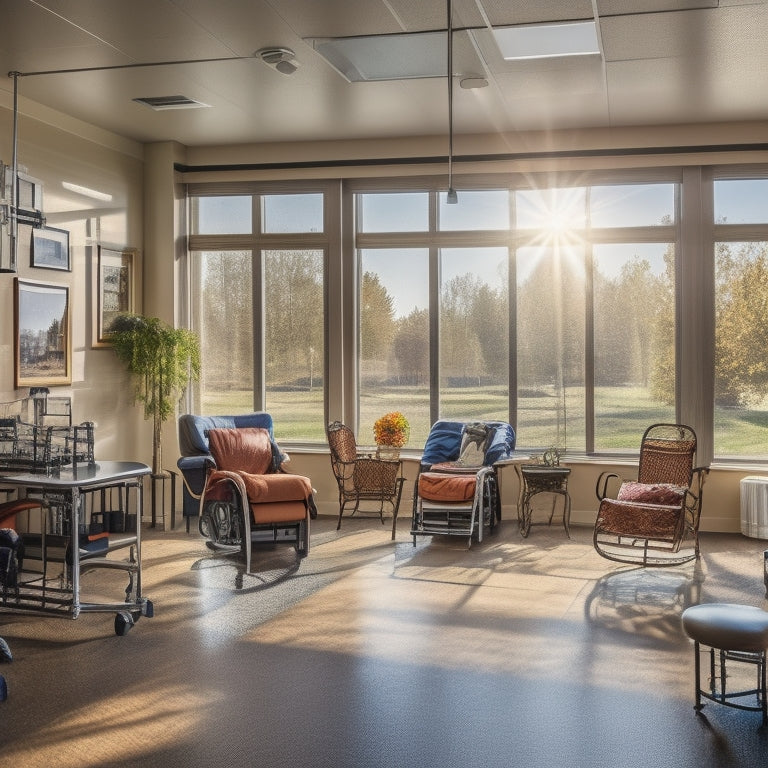 A warm and welcoming community center with a room filled with various medical equipment, such as wheelchairs, walkers, and oxygen tanks, with sunlight streaming through large windows.