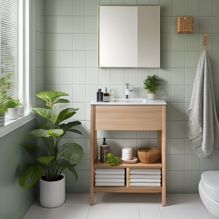 A serene, modern bathroom with a wall-mounted cabinet, a pedestal sink, and a minimalist countertop, featuring a neatly organized row of toiletries, a woven basket, and a few lush green plants.