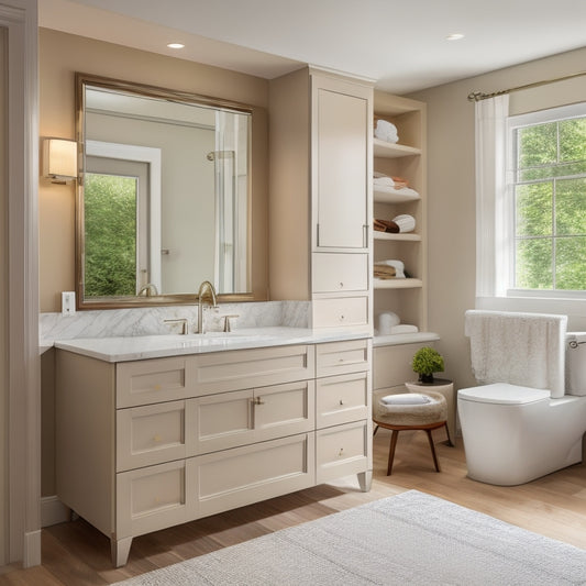 A serene bathroom with a wall-to-wall vanity featuring a sleek, white quartz countertop, large rectangular mirror, and soft-close drawers in a warm, honey-brown finish, surrounded by crisp white walls and polished chrome fixtures.