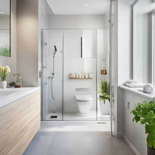 A serene, modern bathroom with a wall-mounted sink, a compact toilet, and a spacious walk-in shower, featuring a large glass door, sleek white tiles, and a minimalist floating shelf.