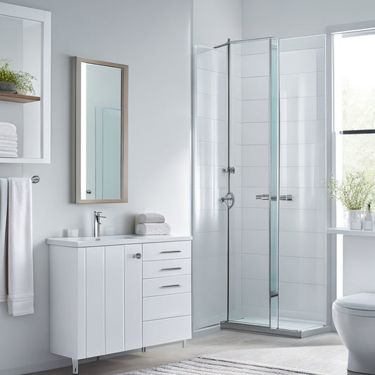 A modern, white bathroom with a sleek, wall-mounted cabinet above the sink, a recessed medicine cabinet with a mirrored door, and a chrome towel rack with folded towels.