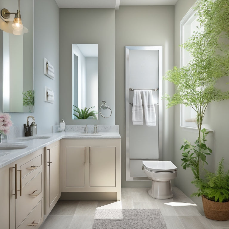 A serene, well-lit bathroom with a few, carefully chosen, minimalist decorative elements, featuring a tidy countertop, a sparse, organized medicine cabinet, and a spotless, walk-in shower.