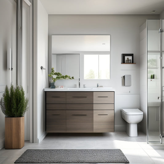 A sleek, modern bathroom with a floating vanity featuring a sliding drawer with a soft-close mechanism, surrounded by gleaming chrome fixtures and a large, wall-mounted medicine cabinet with mirrored doors.