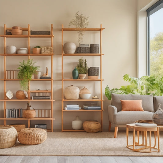 A minimalist living room with a floor-to-ceiling wooden bookshelf featuring staggered cubbies, woven baskets, and a ladder, surrounded by a neutral-colored sofa, rug, and plants.