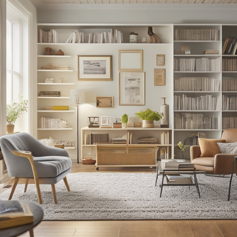 A serene, modern living room with a partially assembled bookshelf in the center, surrounded by neatly arranged tools and instruction manuals, with a few screws and Allen wrenches scattered on the floor.