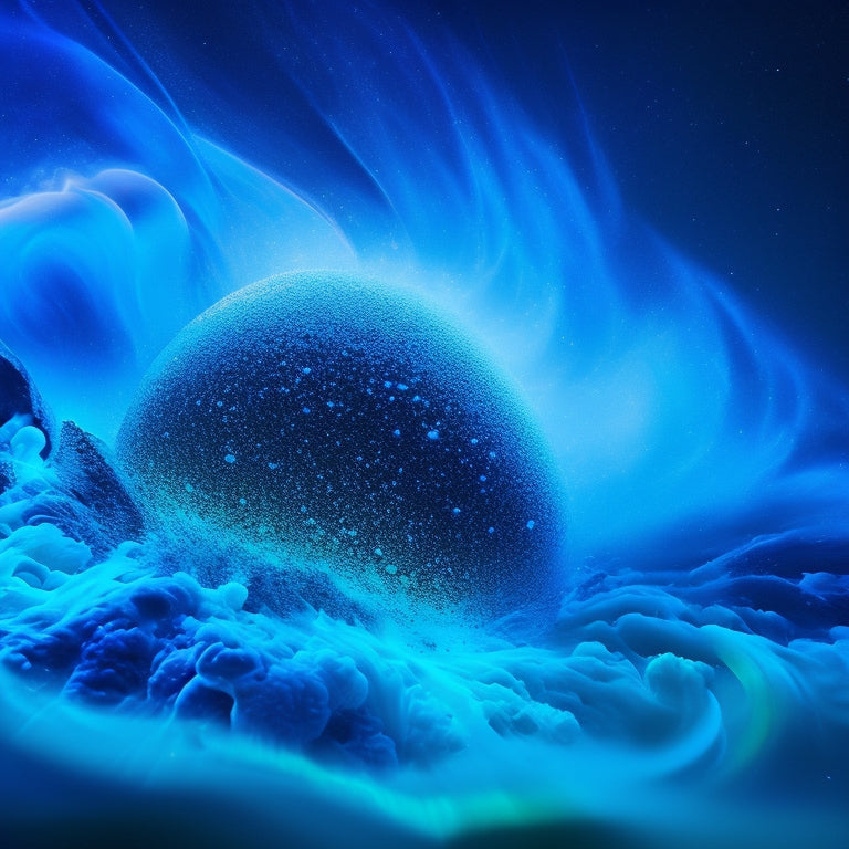 Vibrant, swirling shapes in shades of electric blue and neon green burst forth from a dark background, surrounded by delicate, glowing filaments and stardust-like particles.