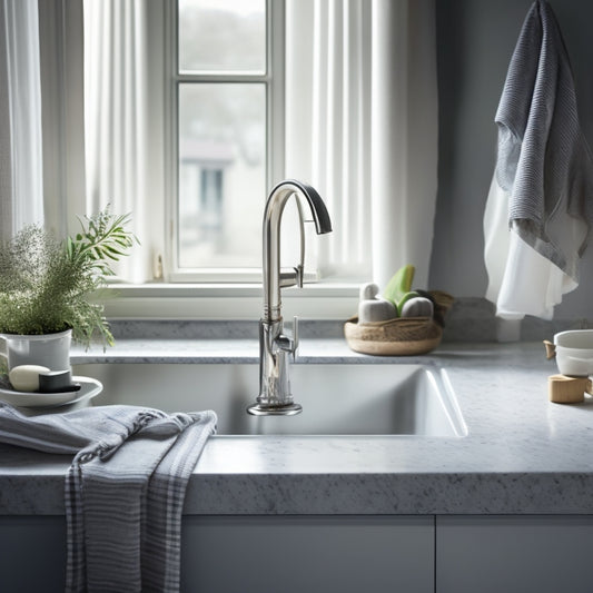 A stylish kitchen sink with a half-installed, flowing white curtain adorned with subtle grey stripes, surrounded by scattered fabric swatches, scissors, and a measuring tape.