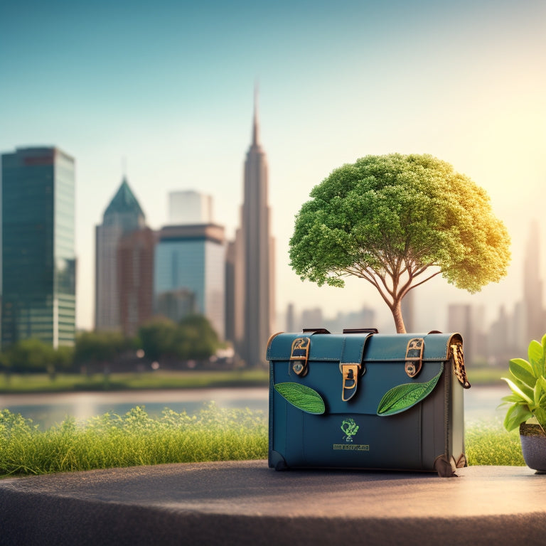 An illustration of a blooming green tree emerging from a briefcase, surrounded by recycling symbols, leaves, and a subtle cityscape in the background, symbolizing eco-friendly business growth.