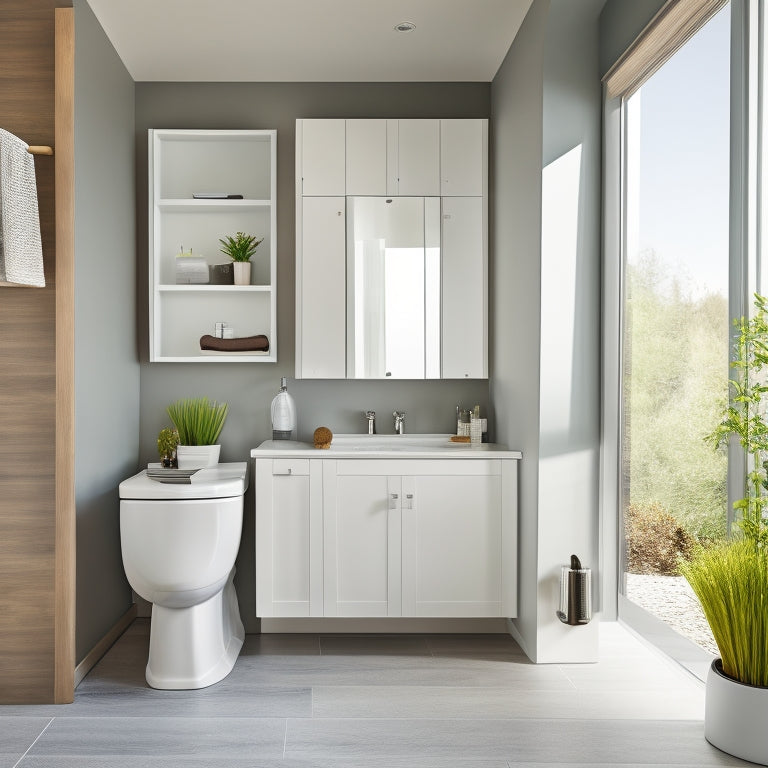 A bright, modern bathroom with a sleek, wall-mounted cabinet above the toilet, a pedestal sink with built-in drawer, and a floor-to-ceiling storage unit behind a sliding glass door.