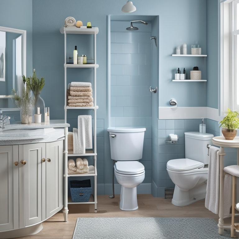 A tidy, compact bathroom with a pedestal sink, toilet, and shower, featuring a mix of open shelves, baskets, and cabinets in a calming color palette, with neatly arranged toiletries and towels.