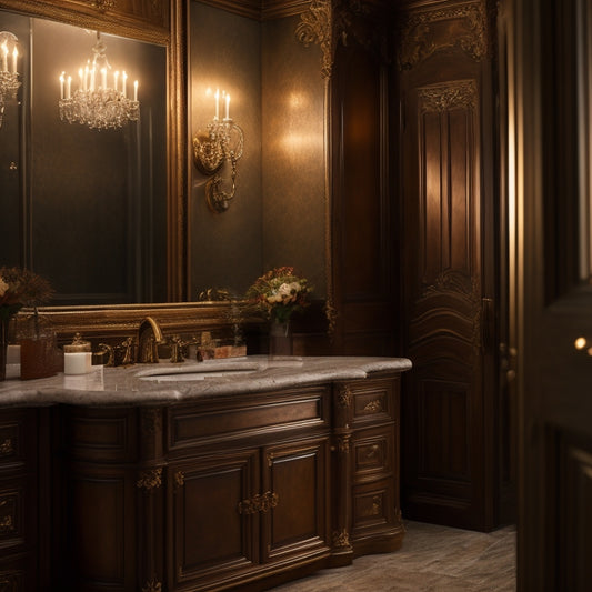 A dimly lit, lavish bathroom with soft golden lighting, featuring ornate, distressed wood cabinetry, crystal doorknobs, and antique bronze fixtures, surrounded by marble countertops and floors.