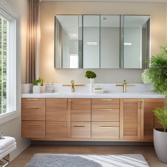 A modern bathroom with a sleek, double-sink countertop featuring built-in storage compartments, including a slide-out drawer and a recessed cabinet, surrounded by gleaming fixtures and a spacious mirror.