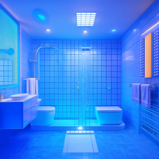 A 3D illustration of a modern bathroom with sleek fixtures, a freestanding tub, and a large walk-in shower, surrounded by a grid of blue lines and dots, with a subtle glow effect.