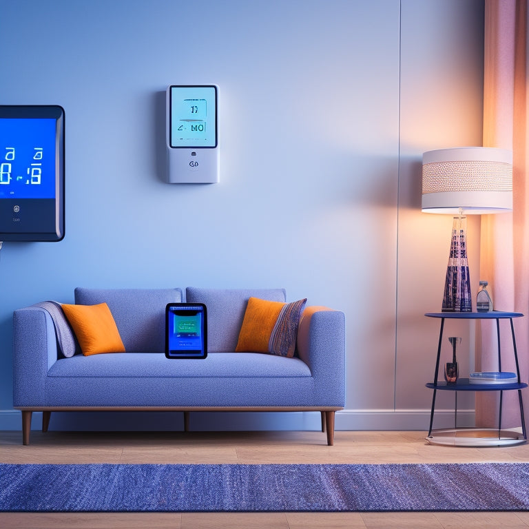 An illustration of a modern living room with various temperature monitoring devices, such as a digital thermostat, thermometer, and smart plug, alongside a subtle temperature gradient background.