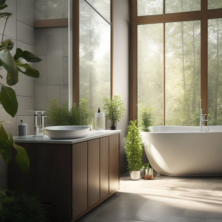 A serene bathroom scene featuring a sleek, modern shower standing tub with gentle water flowing, surrounded by calming greenery, and soft, warm lighting.