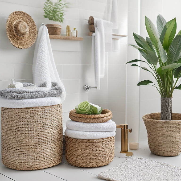 A serene bathroom countertop with woven seagrass baskets in various sizes, filled with neatly rolled towels, skincare products, and a few potted green plants, against a soft white background.