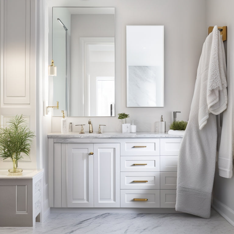 A serene, well-lit, modern bathroom with a wall-mounted, soft-close, white slide-out cabinet, revealing organized toiletries and towels, against a soothing gray and white marble backdrop.