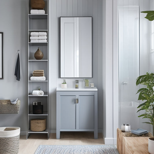 A sleek, modern small bathroom with a wall-mounted cabinet featuring mirrored doors, a pedestal sink with a storage tower beside it, and a floor-to-ceiling shelving unit with woven baskets.