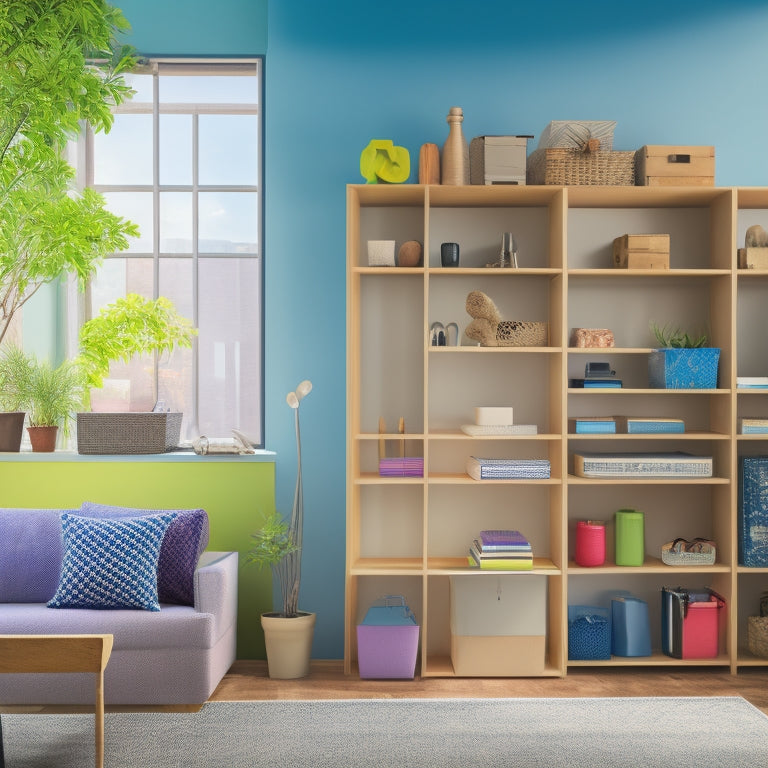 A colorful, modern illustration featuring a clutter-free room with organized shelves, a few stacked boxes, and a small, sleek storage unit in the corner, surrounded by calm, natural light.