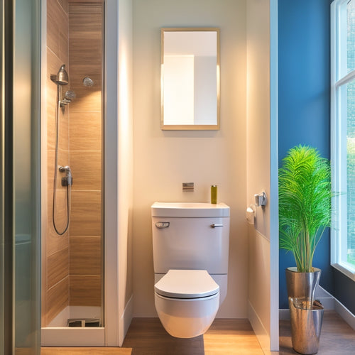 An image of a sleek, wall-mounted toilet cabinet in a small, modern bathroom with a large mirror, recessed lighting, and a compact toilet, showcasing clever storage solutions and a sense of spaciousness.