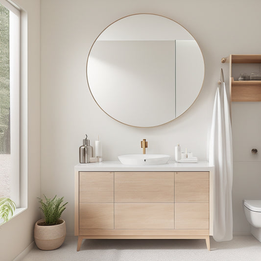 A serene, minimalist bathroom featuring sleek white cabinetry, a floating wooden vanity, a large circular mirror, and soft, natural lighting filtering through frosted glass. Earthy tones and simple geometric shapes create a tranquil atmosphere.