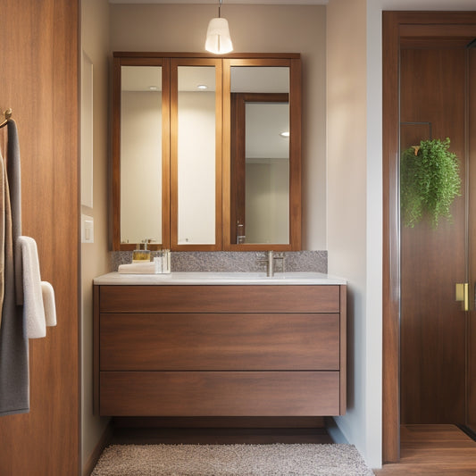 A sleek, modern bathroom with a floor-to-ceiling cabinet in a warm wood tone, accompanied by a wall-mounted vanity with a recessed medicine cabinet and a decorative mirror above.