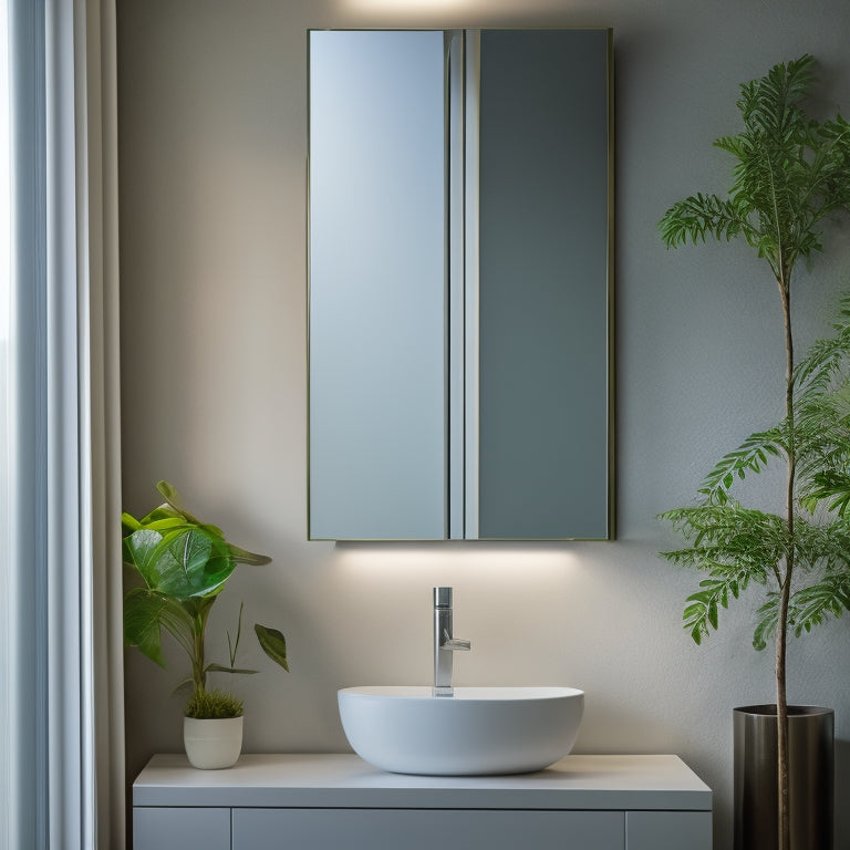 A sleek, slimline mirrored cabinet mounted on a narrow bathroom wall, reflecting soft, ambient lighting. Elegant fixtures and minimalist decor surround the cabinet, with a subtle hint of greenery in the corner.