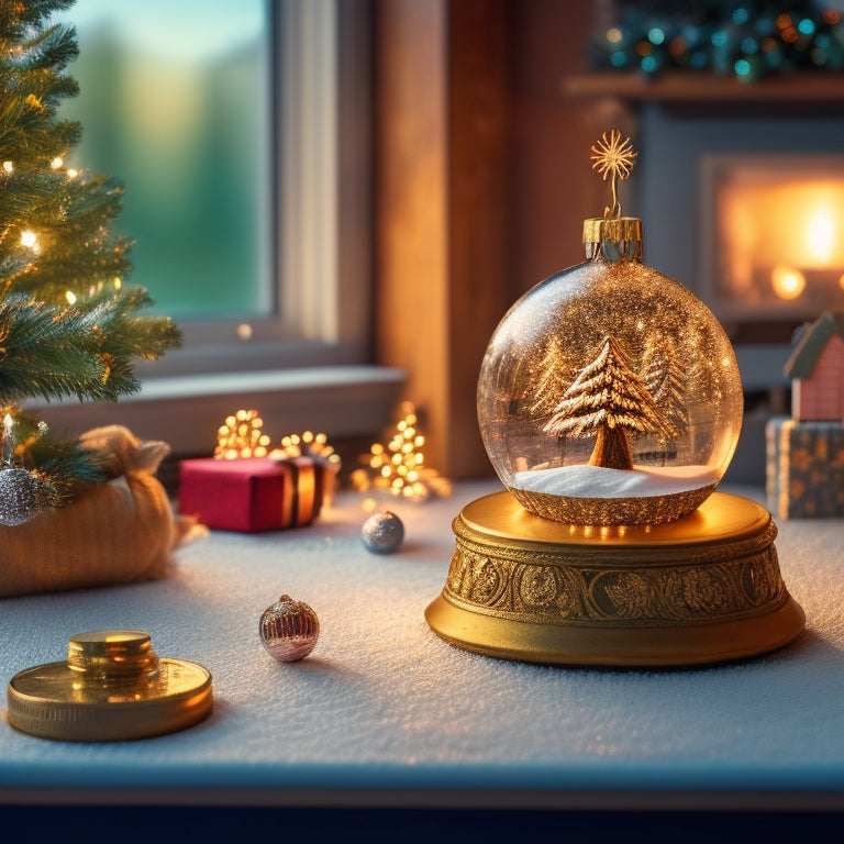 A festive, snow-globe-inspired scene: a miniature Christmas tree and presents surrounded by coins, piggy banks, and a miniature calendar, all on a warm, golden-lit wooden table.