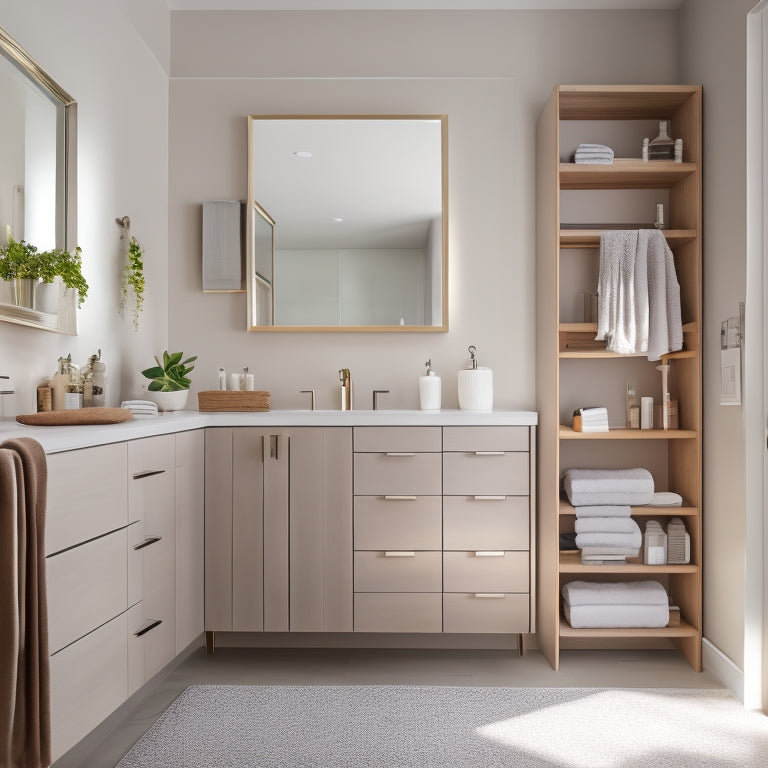 A modern bathroom with a large, wall-mounted cabinet featuring soft-close drawers, a built-in hamper, and open shelving, surrounded by a calm, neutral color palette and natural light.