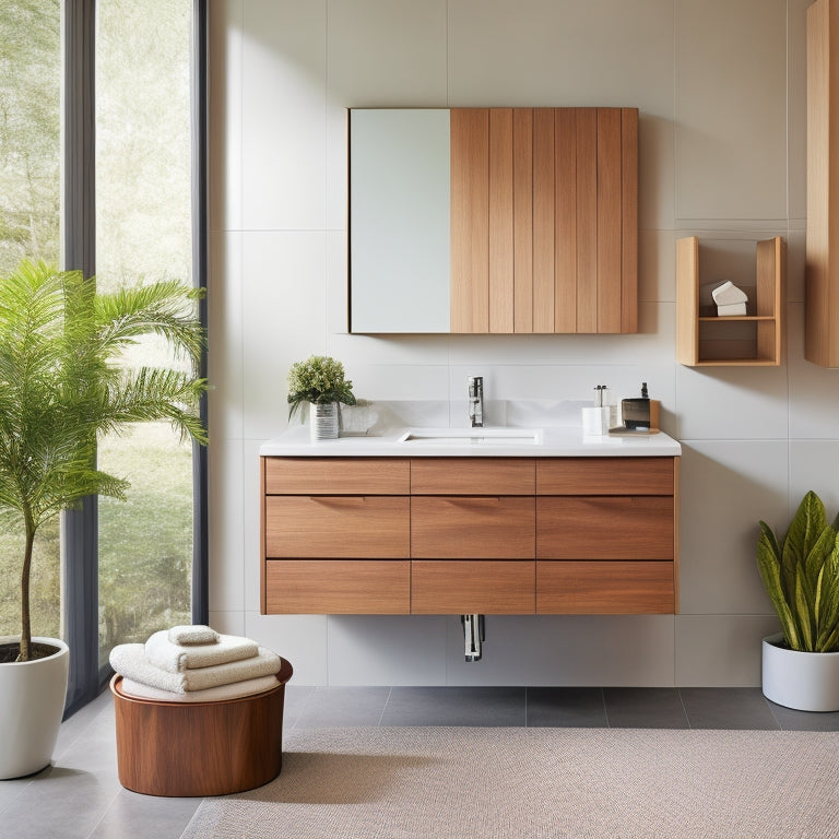 A sleek, modern bathroom with three distinct sink vanity styles: a floating wooden vanity with a vessel sink, a minimalist wall-mounted vanity with a rectangular sink, and a luxurious freestanding vanity with a rounded sink.