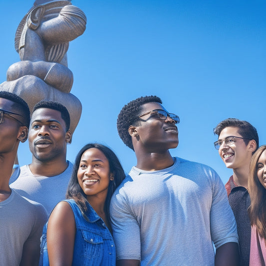 A vibrant illustration of a diverse group of students from different racial and ethnic backgrounds standing together, looking up at a bright, sunny sky with USC's iconic Tommy Trojan statue in the background.