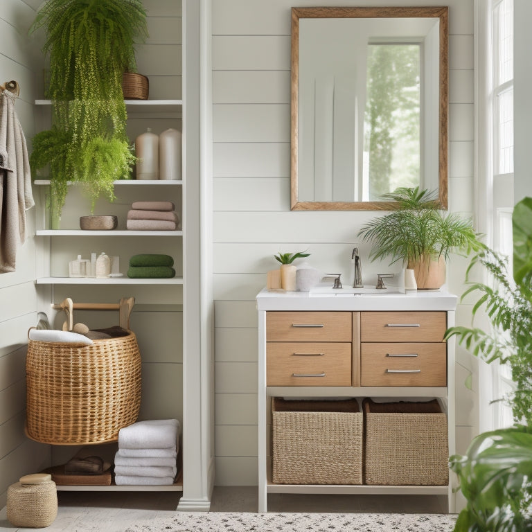 A serene, well-lit bathroom with a neutral color palette, featuring a sleek, wall-mounted cabinet, a woven storage basket, and a tiered shelving unit, surrounded by lush greenery.