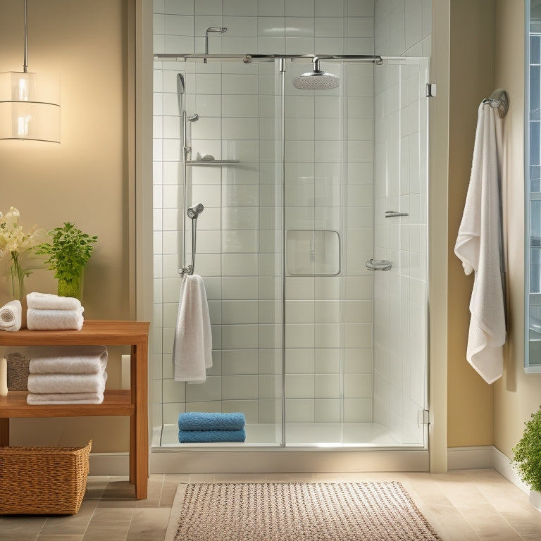 A serene, well-lit bathroom with a sleek shower stall, featuring a tiered storage shelf, a rainfall showerhead, and a few carefully placed bottles and towels, conveying a sense of organized tranquility.