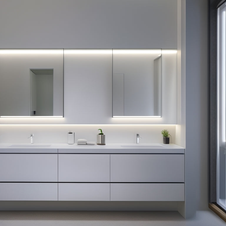 A minimalist bathroom with a wall-mounted, soft-close drawer system in a sleek, matte finish, featuring four horizontal drawers of varying sizes, with rounded handles and a subtle LED light strip underneath.