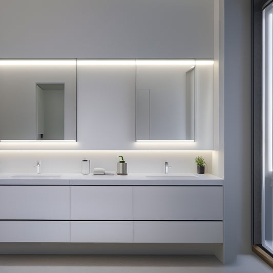 A minimalist bathroom with a wall-mounted, soft-close drawer system in a sleek, matte finish, featuring four horizontal drawers of varying sizes, with rounded handles and a subtle LED light strip underneath.