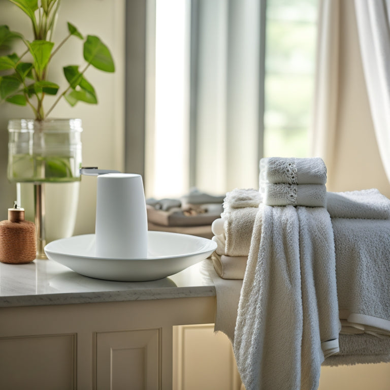 A serene, well-lit bathroom with a sparkle of water on the faucet, a few strategically placed cleaning supplies, and a tidy stack of fresh white towels, surrounded by a hint of greenery.