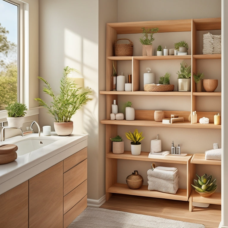 A modern bathroom featuring sleek, open-design shelves made of light wood, adorned with neatly arranged toiletries, potted succulents, and rolled towels, against a backdrop of soft, neutral-colored walls and natural light streaming in.