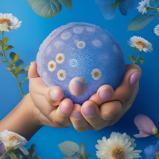 An illustration of a gentle, outstretched hand cradling a delicate flower, surrounded by subtle, interconnected circles representing support networks, on a soft, calming blue background.