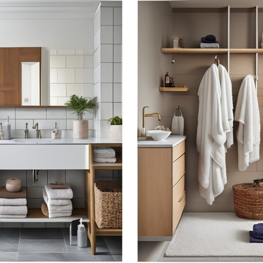 A split image showcasing a stylish bathroom with open shelving filled with neatly arranged towels and decor on one side, and a modern bathroom with sleek cabinets, featuring minimalist design and organized toiletries on the other.