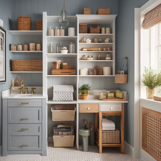 A serene, well-lit bathroom with a mix of open shelving and closed cabinetry, featuring a large, wall-mounted pegboard with various storage bins and baskets, and a freestanding storage tower.